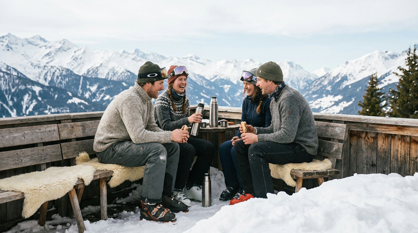 Ett litet skidsällskap tar paus på en terrass med utsikt över snötäckta berg