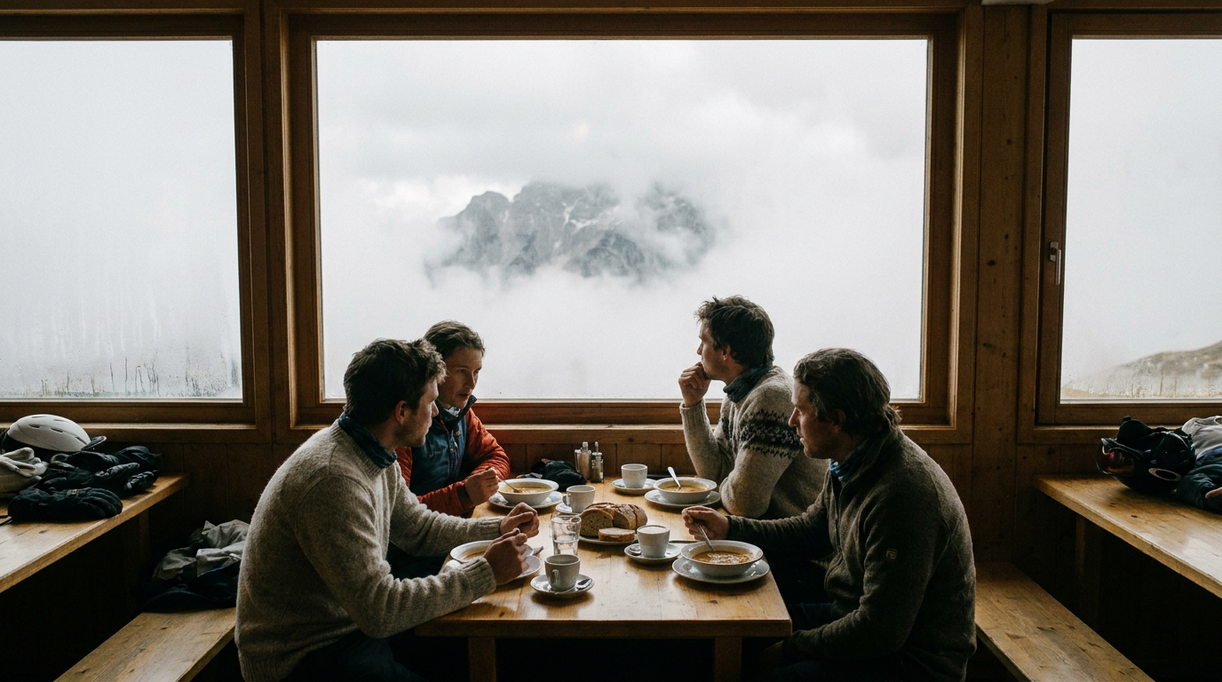 Ett skidsällskap äter lunch vid ett fönster med utsikt över ett molntäckt berg